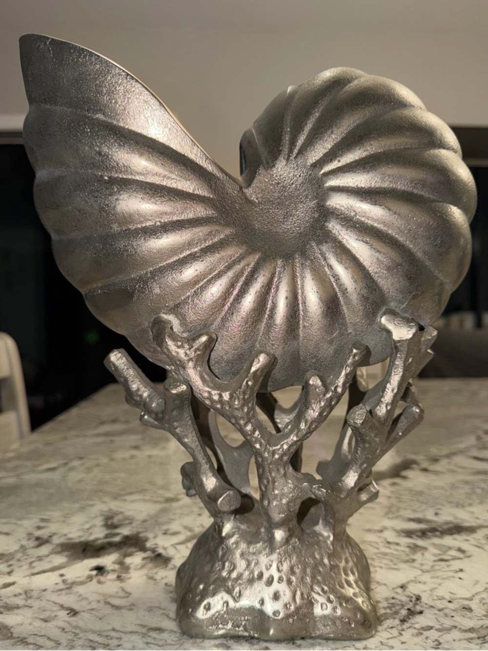 Cast Aluminum Nautilus Shell on Coral Base 12” Solid Metal Coastal Decor - 4 lbs
